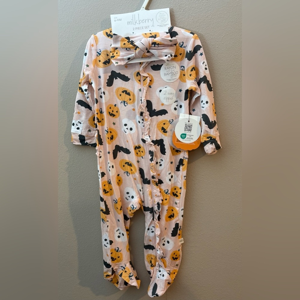 Milkberry Bamboo Baby Pink Halloween Bat Skull Romper Headband 6-9 Mons NEW